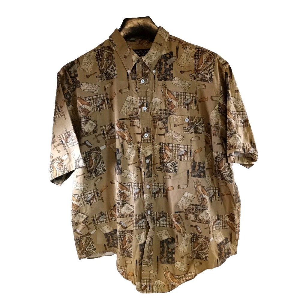 Roundtree & Yorke Golf Shirt Multiple Pictures of Golf Clubs & Bags Brown Sz XXL